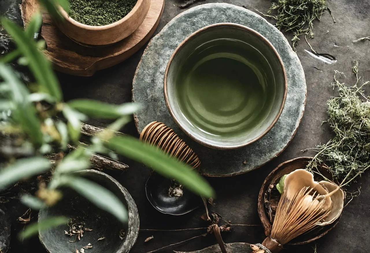 A traditional tea set with small cups, a bowl of green tea and a bamboo whisk